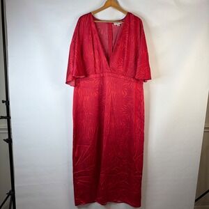 Noel Maxi Dress Women Size 20 Red Tropical Fern Jacquard Flutter Sleeve V-Neck